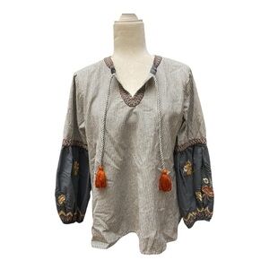 Kyla Seo Kyre Carmen Flax Stripe Embroidered Blouse